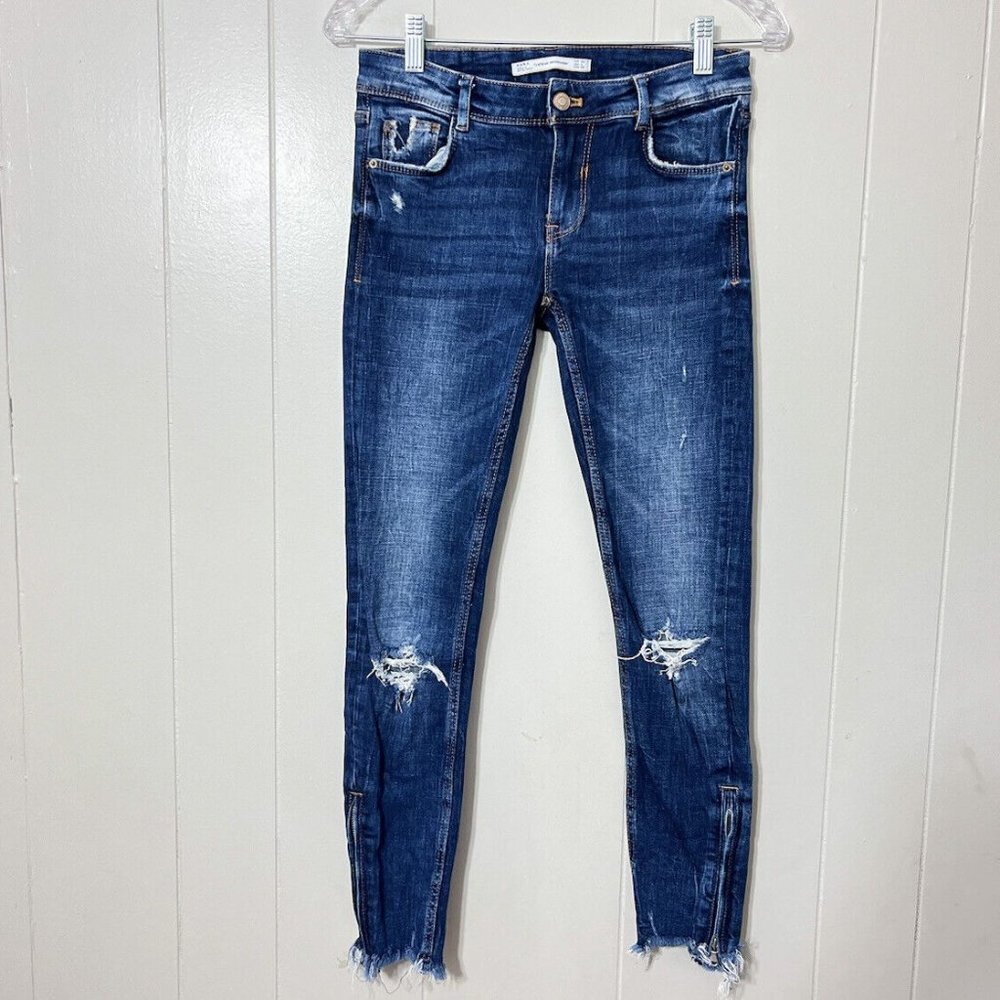 Zara Trafaluc Denimwear Womens Blue Denim Ripped Ankle Zip Jeans Size 4